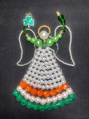 Beaded Angel Holiday Ornament in Green, Orange & White